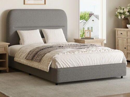 Ebern Designs Bensu Twin Platform Bed Frame, Cloud Collection with Boucle Upholstery & Rounded Headboard, Thickened Footboard in Gray New in Box $499