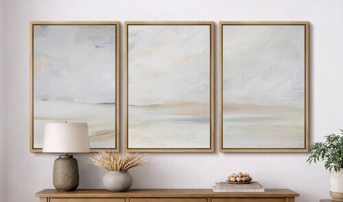 IDEA4WALL Minimal Landscape "Muted Serene Coastal Beach Artwork, Modern Abstract Neutral Wall Pictures, Large Framed Canvas Giclee Print 3 Pieces Wall Art", 24x36x3 pcs New In Box $299
