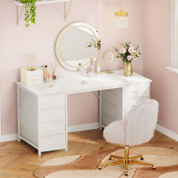 Ebern Designs Modern White Vanity Desk With 8 Fabric Drawers, Multifunctional Makeup & Writing Table For Bedroom New In Box $399