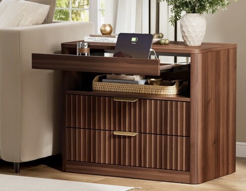 Millwood Pines 27" Nightstand with Charging Station, 2 Drawers & Open Storage, Bedside Table with Pull-Out Tray, Modern Bedroom End Table $399