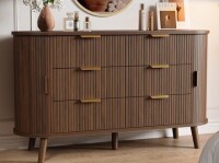 Charlton Home Mid Century Modern Drawer Dresser, 6 Drawer Fluted Dresser With Solid Wood Legs, Gold Handles & Curved Edges Design For Entryways, Living Room, Bedroom, Walnut New in Box $599