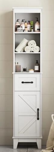 Gracie Oaks Farmhouse Tall Linen Cabinet Organizer, Freestanding Bathroom Storage Cabinet with Open Shelves, Drawer & Door, Slim Design New In Box $399