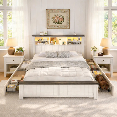 Snhomee King Size White Platform Storage Bed Frame with 4 Drawers, Modern Farmhouse Bed with Black Accents, LED Charging Headboard, 900 lbs Support, No Box Spring Required for Spacious Family Bedrooms New In Box $799 (Similar to picture)