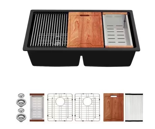 Logmey 33 in. Matte Black Undermount Sink Low Divide Double Bowl 50/50 Quartz/Granite Composite Workstation Kitchen Sink New in Box $499
