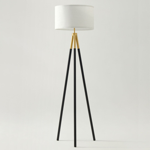 Brightech Levi 61" Mid-Century Modern LED Tripod Floor Lamp with Black Legs, Gold Finish, and Fabric Drum Shade, Bulb Included New In Box $299
