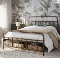 August Grove Classic Metal Platform Bed Iron Open-Frame Bed with High Headboard and Footboard Queen in Bronze New in Box $499