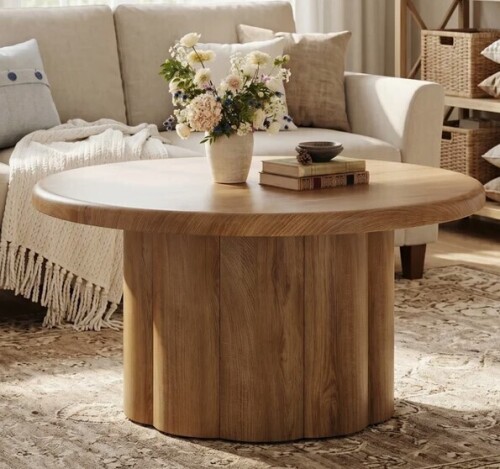 Millwood Pines Round Elegant Coffee Table for Living Room, 31.5" Circle Center Table with Fluted Drum Base New Shelf Pull $299