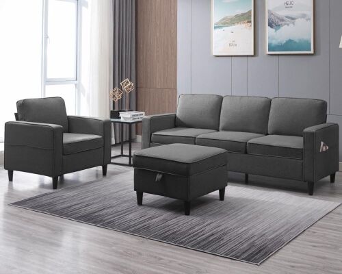 Mjkone 3-Pieces Convertible Sectional Sofa with Storage Ottoman & Single Sofa Chair with Pockets, Dark Grey New Floor Model $999