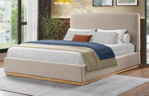 Ebern Designs Queen Size Aspen Wood Base Upholstered Boucle Platform Headboard and Footboard New in Box $1099