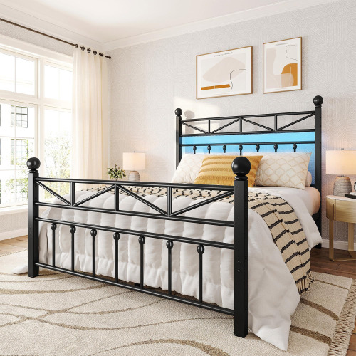 Snhomee Queen LED Metal Full Size Bed Frame with 54" Tall Headboard & Footboard, Strong Metal Slats, Noise-Free Design, Under Bed Storage & No Box Spring Needed -Black New Open Box $499