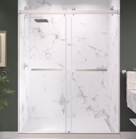 Kobiworks Catalyst 72 in. W x 76 in. H Double Sliding Frameless Shower Door in Brushed Nickel 3/8 in. Clear Glass New In Box 3 Boxes $999