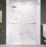 Kobiworks Catalyst 72 in. W x 76 in. H Double Sliding Frameless Shower Door in Brushed Nickel 3/8 in. Clear Glass New In Box 3 Boxes $999