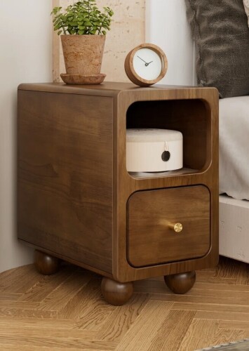 Millwood Pines Solid Wood Nightstand, 10 Inch Narrow Walnut Nightstand with Drawer & Open Storage Shelf, Mid Century Modern Small Bedside Table for Bedroom New Shelf Pull $299