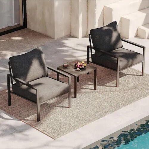 Aura Outdoor 3-Piece Rattan Outdoor Furniture Set with Grey Padded Cushions and Coffee Table, New in Box $399