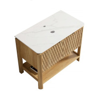 Ebern Designs SHARMA 36'' Freestanding Cabinet With 2 Doors & Open Shelf, Carrara White Sintered Stone Top, Brown Oak Woodgrain, New in Box $1,299