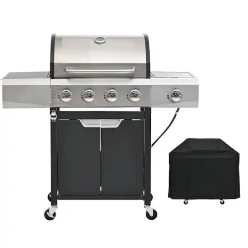 FIROMO 4-Burner Propane Gas Grill in Stainless Steel with Side Burner, Condiment Rack and Built-in Thermometer with Grill Cover, New in Box $499
