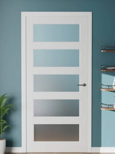 Janus 28'' X 80''H 5 Lite Tempered Frosted Glass Pantry Door Slab Solid Manufacture Wood White Standard Door For French Doors New in Box $399