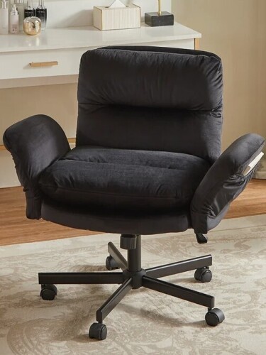 Steelside Black Velvet Cross-Legged Office Chair with Flip-up armrests,Swivel Criss Cross Executive Chair with 2 Side Pockets, Modern Vanity Chair with Wheels in Black New in Box $399