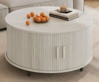 Ebern Designs 31.5" Modern Round Coffee Table With 360&deg; Curved Sliding Door, White, New in Box $299