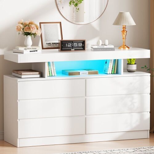 Wrought Studio Adriel 6 Drawer 47.3" W White Dresser With Power Outlet And Led Light, New in Box $399