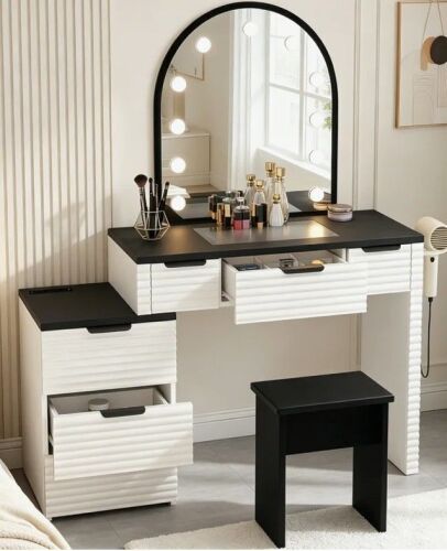 Wrought Studio Makeup Vanity Table with Lighted Mirror and 6 Drawers, Stool Included, New Shelf Pull $399
