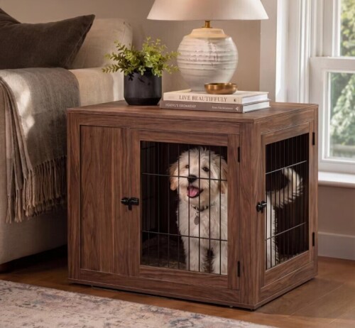 unipaws Double Doors Dog Crate, Walnut, Extra Large, 38.5"L x 28"W x 29"H $399