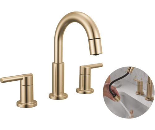 Delta Nicoli Brushed Gold Bathroom Faucet with Sprayer, 8 Inch Widespread Bathroom Sink Faucet with Pull Out Sprayer, Push-Pop Drain, Champagne Bronze New In Box $399