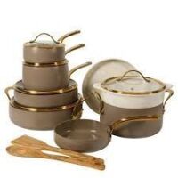 Bloomhouse 15-Piece Cookware Set - PFAS-Free Ceramic Nonstick Aluminum - Almond Cream with Gold Handles New in Box