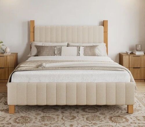 Latitude Run Natural Log Style Upholstered Bed With Solid Wood Post Queen Size Beige New in Box $699