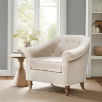 Martha Stewart Bedford Fayette 35" Wide Tufted Barrel Chair with Round Arms, Accent Armchair with Solid Wood Legs, New in Box $699