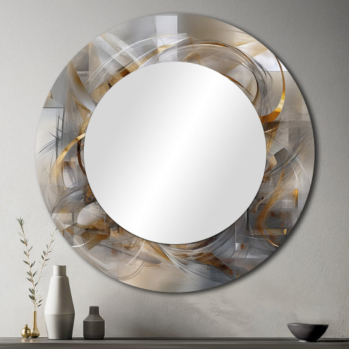 Wrought Studio&trade; 29" Round Gulshen Grey Gold Captivating Liquid Ink - Marble Unique Wall Mirror Decor, Modern Large Round Mirror, Printed Metal Art New In Box $299