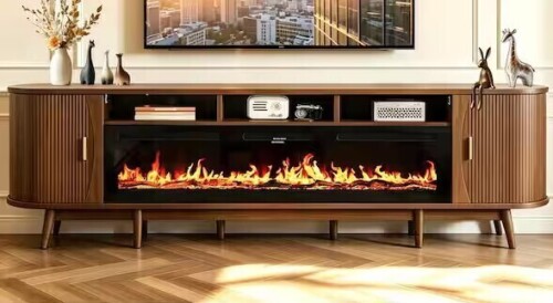 COziBB 97" Fireplace TV Stand with 60" Electric Fireplace, TV Console with Sliding Doors & Adjustable Shelves, Walnut (Insert Sold Separately) New In Box $899