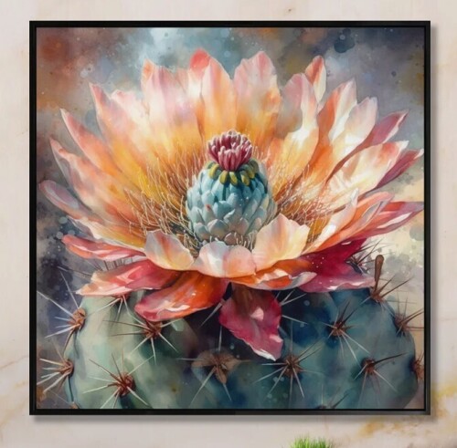 Bungalow Rose Rozalija Orange Green Cactus Flower III - Cactus Framed Canvas Print, 36" x 36" New In Box $299
