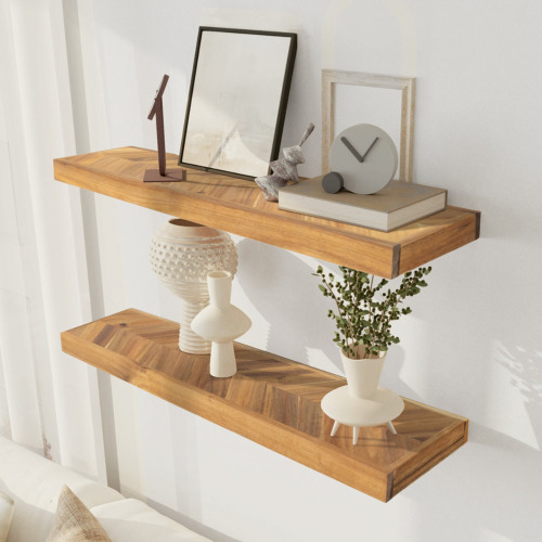 Gracie Oaks Jorgensen 2-Piece Acacia Chevron Floating Shelves, 1.5" H x 24" W x 6.7" D New In Box $199