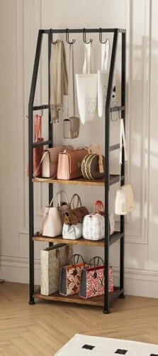 Rebrilliant 3-Tier Purse Stand Handbag Organizer, Hall Tree For Entryway Steel Frame, With 8 Removable Hooks, Clothes Rack Stand Organizer New In Box $199