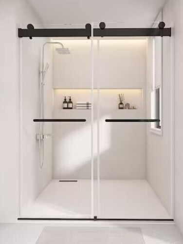 60 in. W x 76 in. H Double Sliding Soft-Close Frameless Bypass Shower Door in Matte Black with 3/8 in. Tempered Glass New in Box $1199