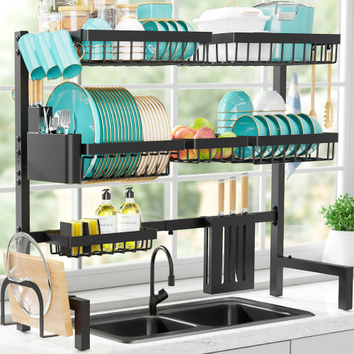 Sakugi Over-the-Sink Stainless Steel Dish Drying Rack with Utensil Holder, Knife Holder, and Hooks, Black New In Box $99