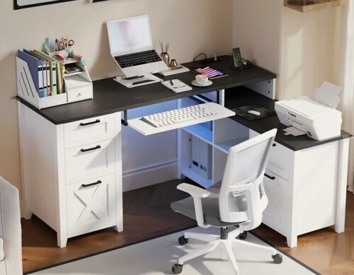 Inbox Zero Office L-Shaped Executive Desk With 3-In-1 Charging Station & RGB LED Keyboard Tray & Adjustable File Storage Space $499