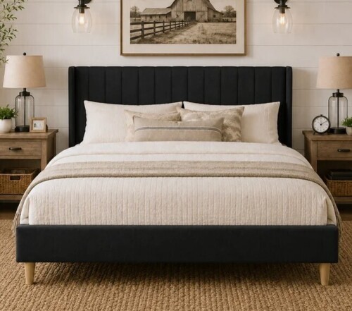 Wade Logan Eriksay Low Profile Upholstered Platform Bed with Wingback Headboard King Size Black $599