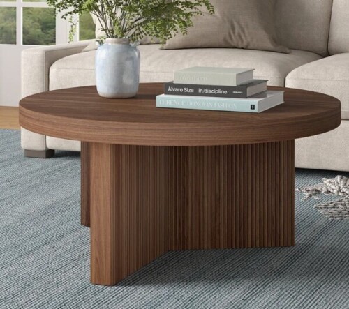 Ebern Designs 32" Wide Round Coffee Table with Fluted Base &mdash; Satin Walnut Scandinavian MDF Center Table New in Box $299