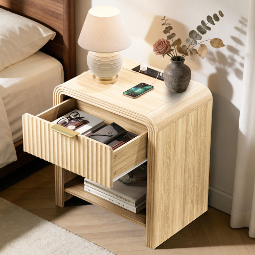 Ivy Bronx Fluted Nightstand With Charging Station, Modern Wood End Table With Drawers & Open Shelf, Curved Profile & Gold Handles, For Bedroom, Natural Oak New In Box $299