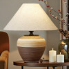 Loon Peak&reg; Beige & Brown Two-tone Ceramic Table Lamp &ndash; Handmade Striped, Linen Shade For Bedroom, Living Room & Bedside New In Box $199