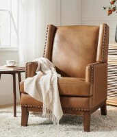 Lark Manor Ariston Genuine Leather Wingback Club Chair with Solid Wood Leg in Camel New in Box $999