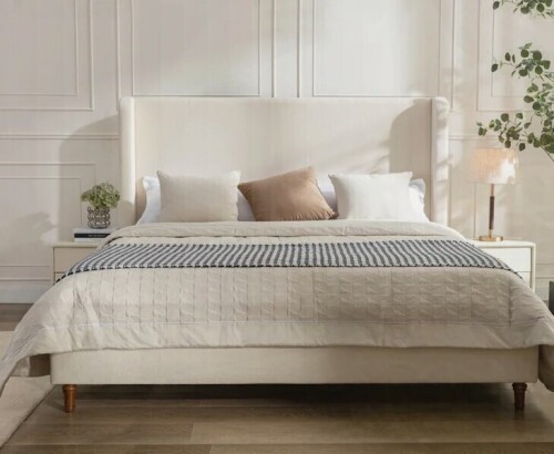 Latitude Run Mozter Upholstered Wingback Platform Bed Ivory King Size New in Box $699
