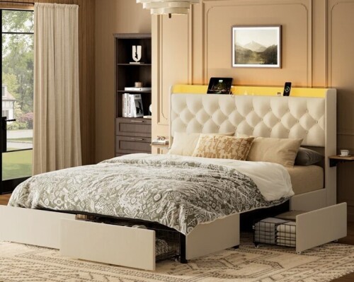 Ebern Designs Coba Upholstered Platform Bed with Storage Drawers and Charging Station Beige in Full Size $699