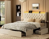 Ebern Designs Coba Upholstered Platform Bed with Storage Drawers and Charging Station Beige in Full Size New in Box $699