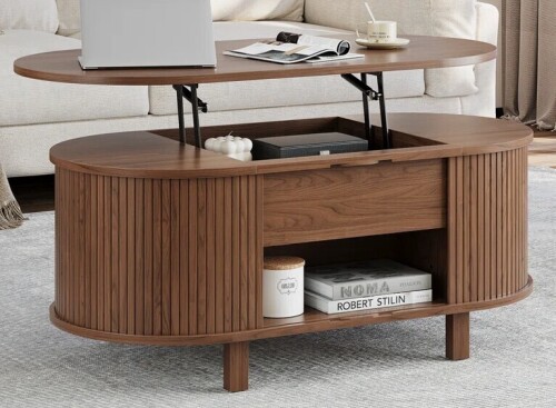 George Oliver 43.3'' W Oval Lift Top Coffee Table With Hidden Storage, Fluted Wood Center Table With Storage Compartment And Open Shelf in Walnut New in Box $399