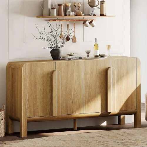 WAMPAT Modern 63" W Large Wooden Sideboard Buffet Cabinet with 4 Door Storage, with Curved Handles, Adjustable Shelves, Walnut, New Open Box $799