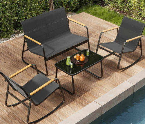 Ebern Designs 4-Pieces Outdoor Rocking Conversation Set with Loveseat, Wood Armrests and Coffee Table, Black, New in Box $499