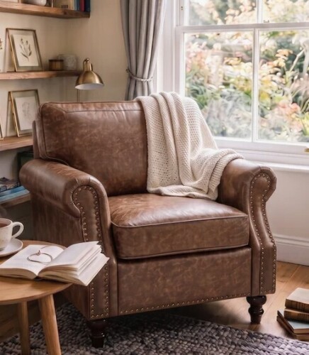Charlton Home Amarius Faux Leather Rolled Armchair with Nailhead Trim In Dark Brown New Shelf Pull $699